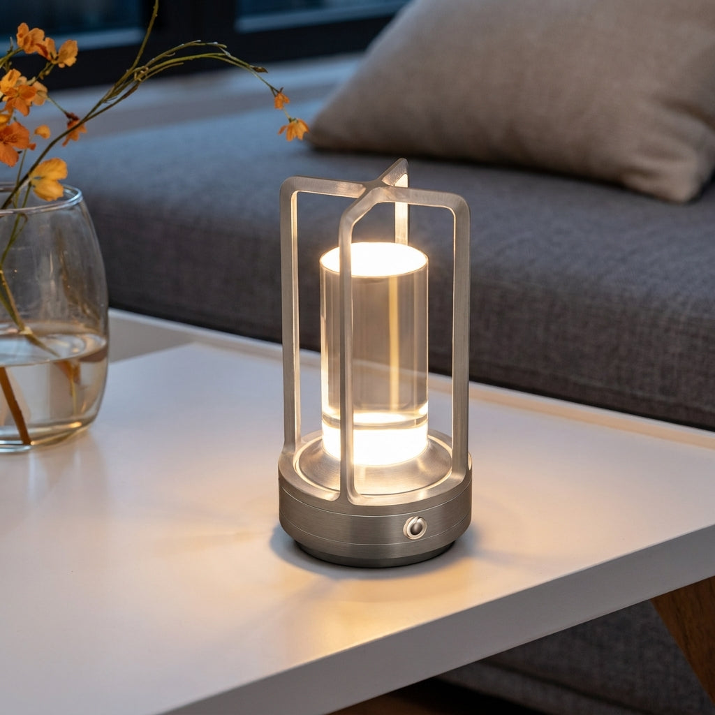 The same coffee table lit by a silver Oaklume Cordless Lantern