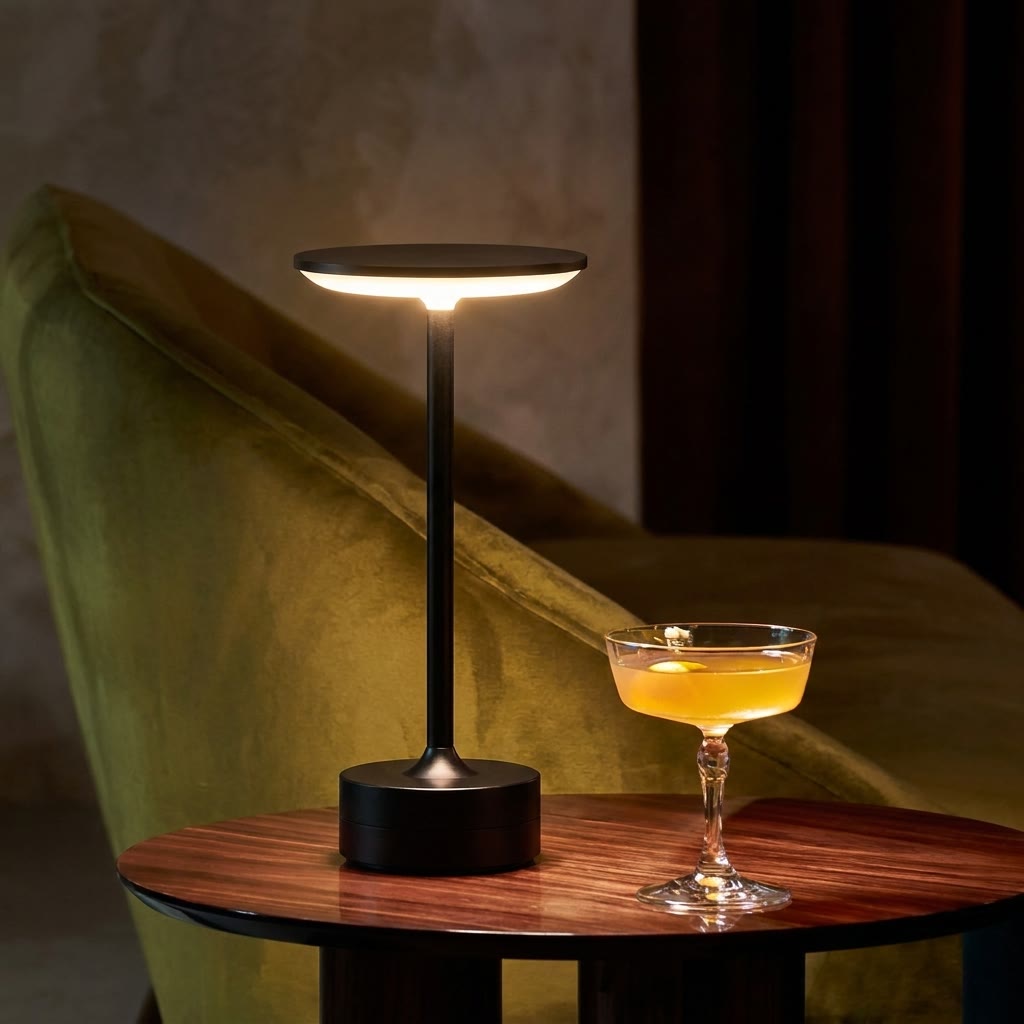 The same side table lit by a black Oaklume cordless lamp