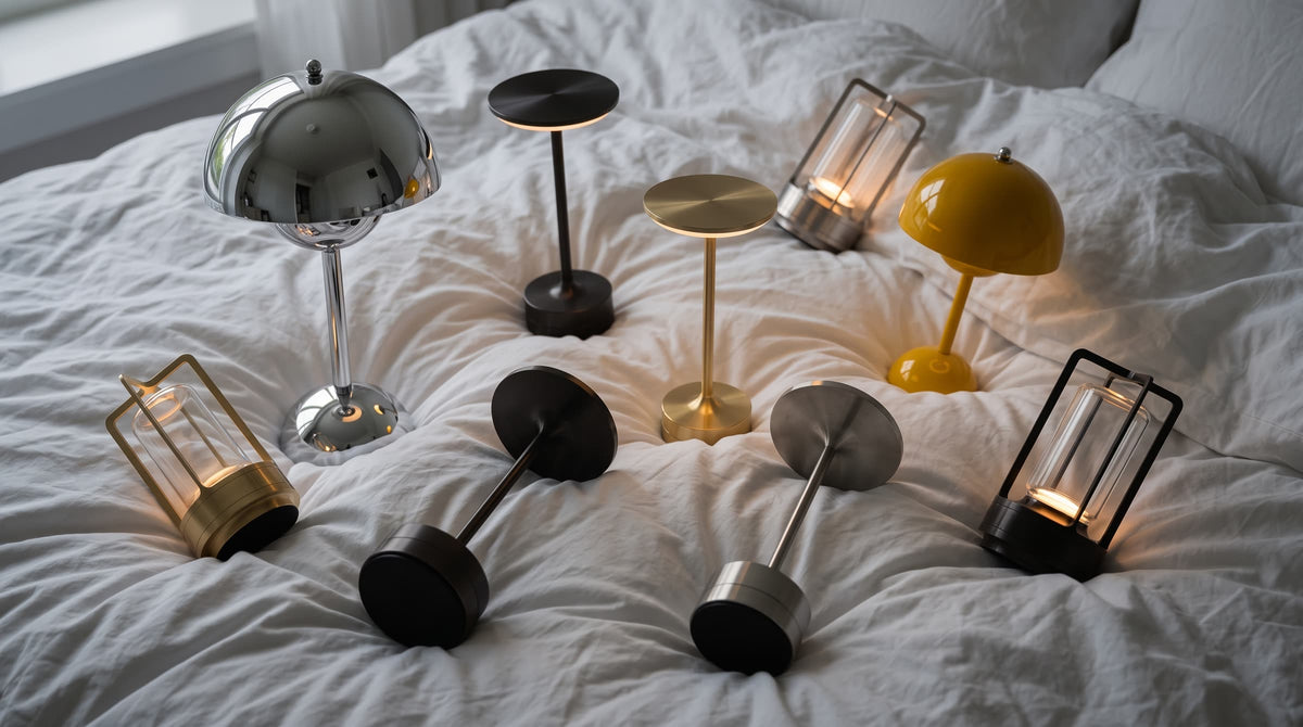 The Oaklume range of cordless lamps arranged on a bed in daylight