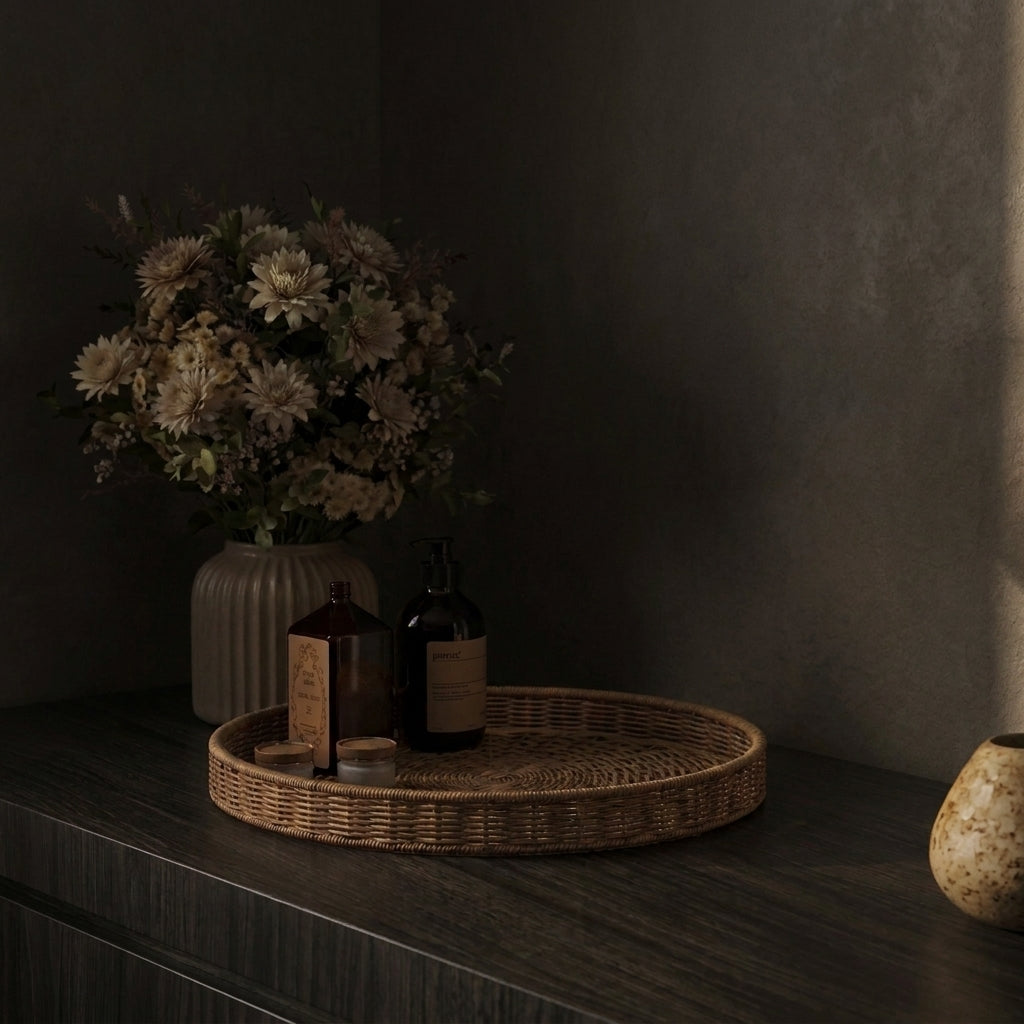 A dark sideboard with flowers and a rattan tray, no lamp