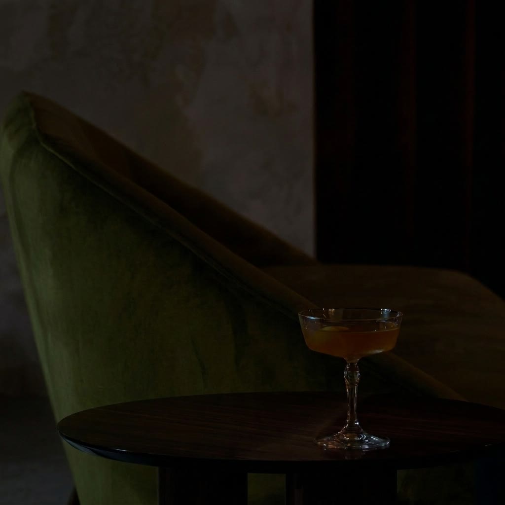 An armchair and a side table in the dark, with no lamp