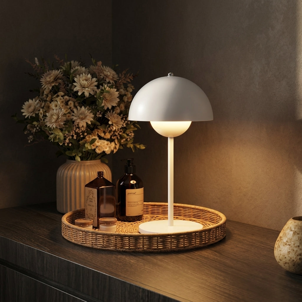 The same sideboard lit by a white Oaklume Dome lamp